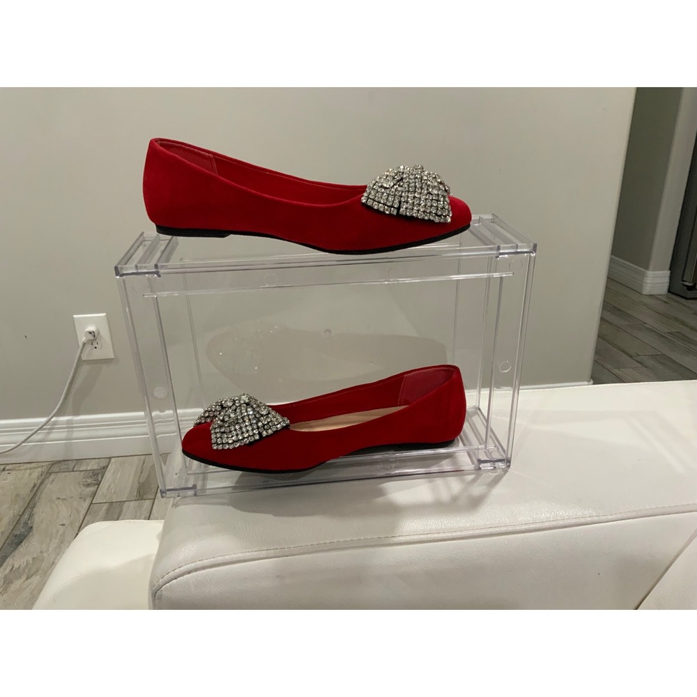 Torrid Red Faux Suede Rhinestone Bow Pointed Toe Ballet Flats Womens Holiday
